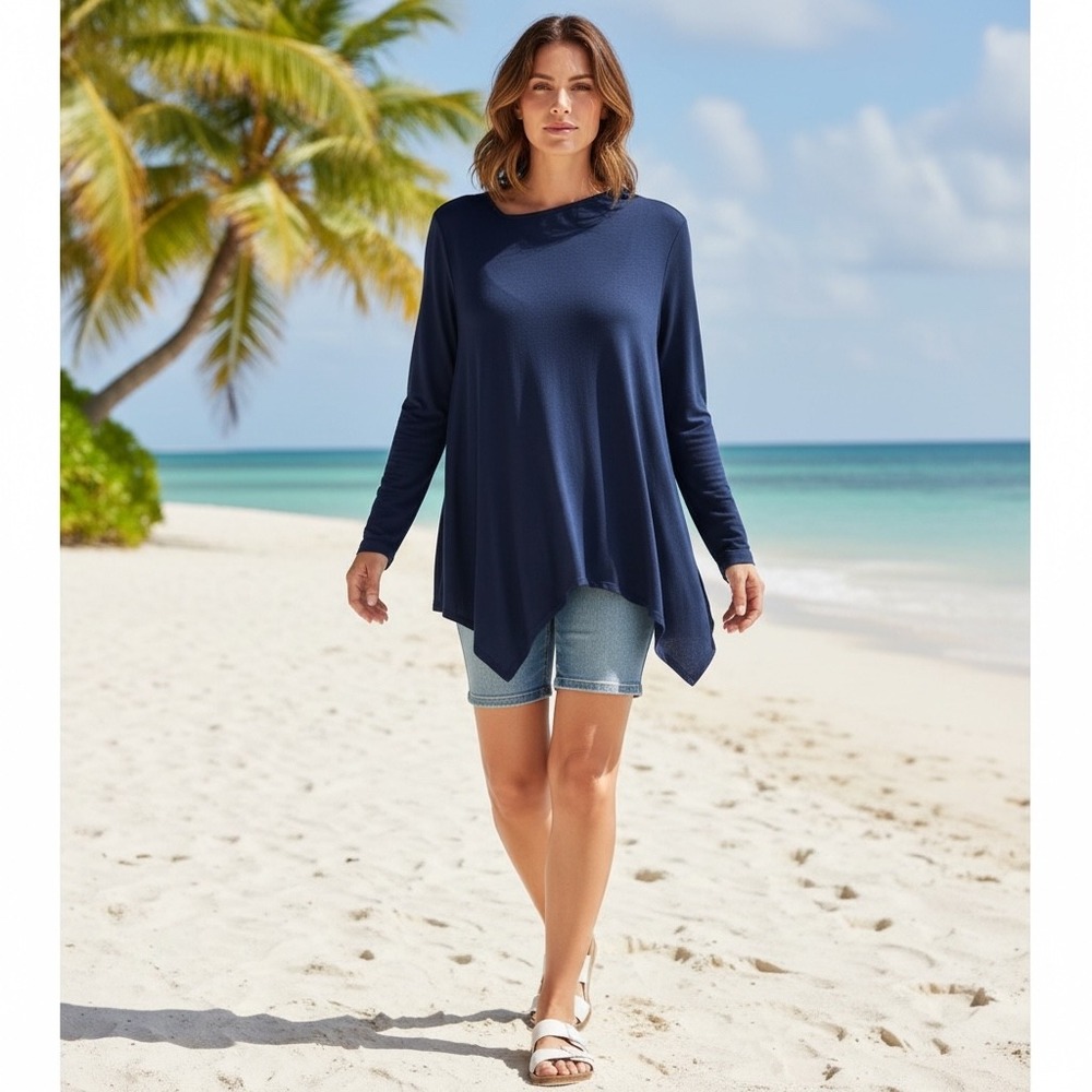 DG2 Diane Gilman Blue Asymmetrical Hem Long‎ Sleeve Tunic Top 1X